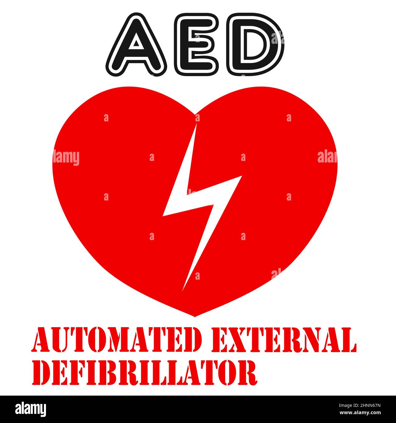 DAE ou défibrillation externe automatisée avec symbole de cœur et d'électricité, rendu 3D Banque D'Images