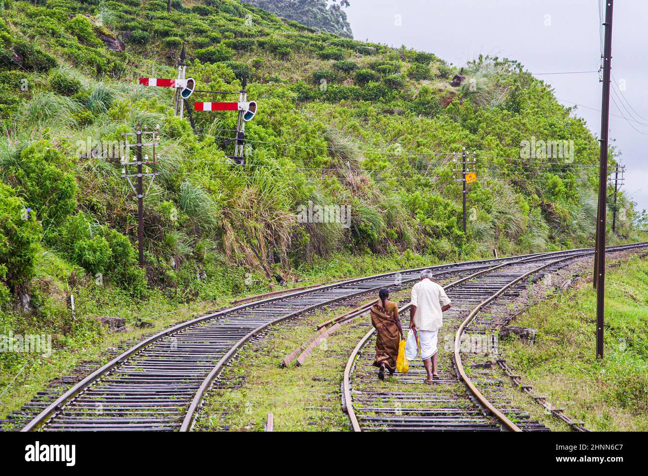 Couple marche sur les rails à Nuwara Eliya. Les ril sont de bons moyens de marcher dans les Highlands Banque D'Images