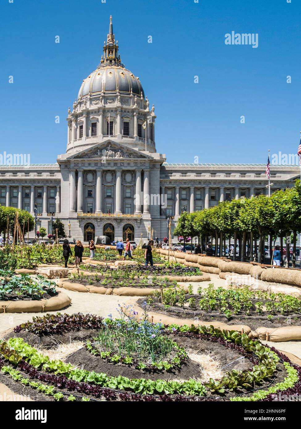 Les gens visitent le jardin en face de l'hôtel de ville à San Francisco, États-Unis. L'hôtel de ville de San Francisco est le siège du gouvernement de la ville et du comté de San Francisco Banque D'Images