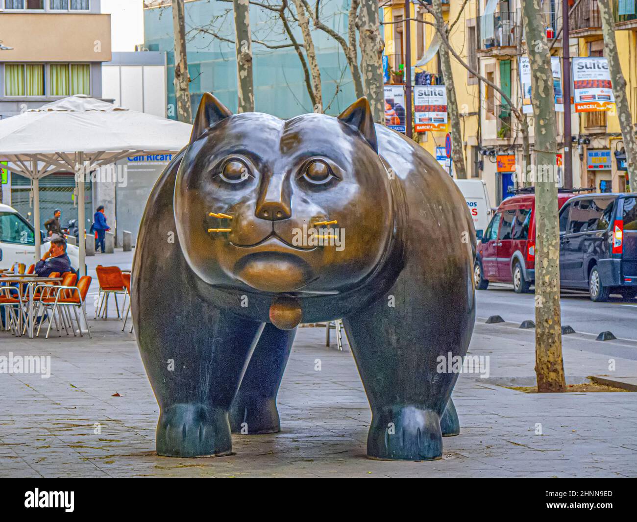Gros plan et profil avant de la statue de chat El Gato de Botero avec des poils moustaches sur la place Rambla de Raval à Barcelone, Espagne Banque D'Images