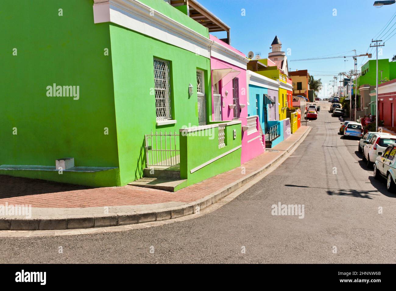 Nombreuses maisons colorées, quartier de Bo Kaap, le Cap. Banque D'Images