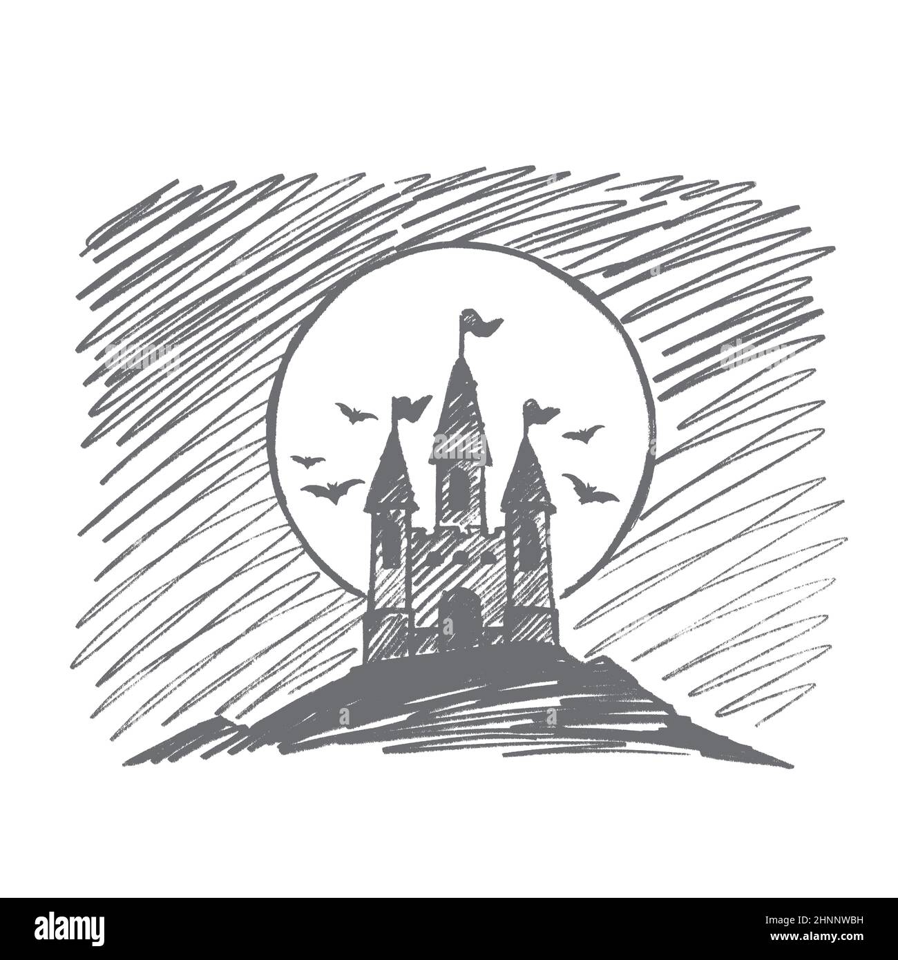 Dessin de concept d'Halloween dessiné à la main par un vecteur. Halloween compte le château Dracula sur la colline la nuit, volant des chauves-souris et grande pleine lune en arrière-plan Banque D'Images