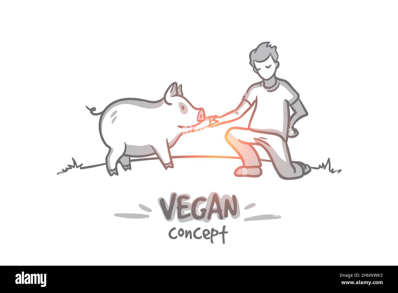 Concept vegan. L'homme dessiné à la main refuse de manger de la viande. Personne amour animaux illustration vectorielle isolée. Banque D'Images