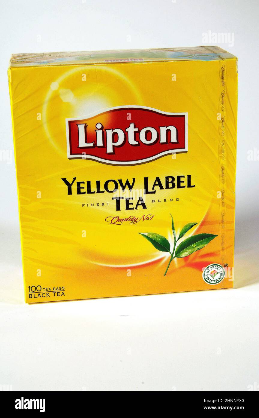 Lipton jaune Label thé sur fond blanc Banque D'Images