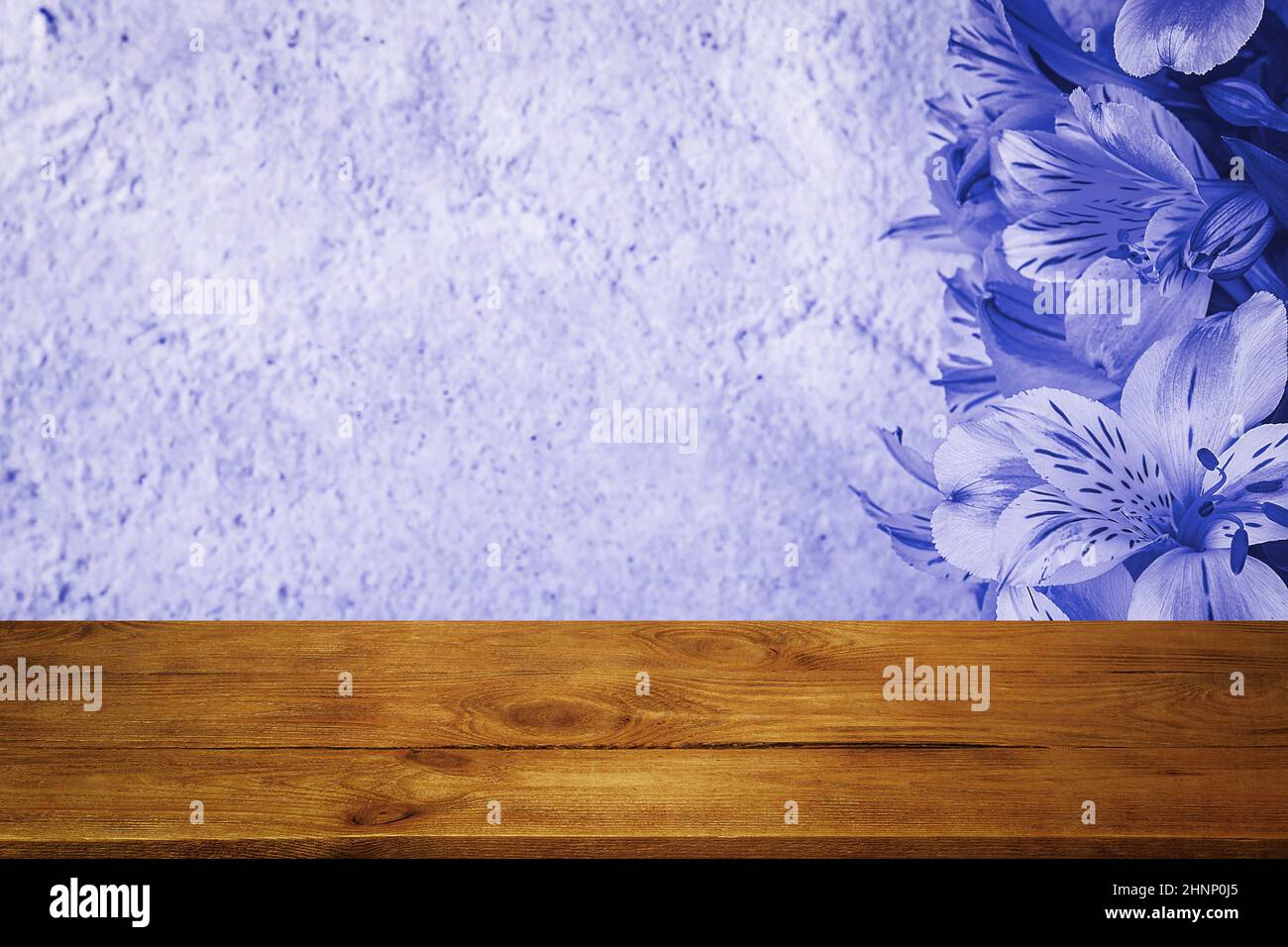 Fleurs de fond sur un mur en stuc texturé et planches de bois vierges au premier plan.Pour les démonstrations de produits, l'espace libre, la mise en page, la maquette, la perspe Banque D'Images