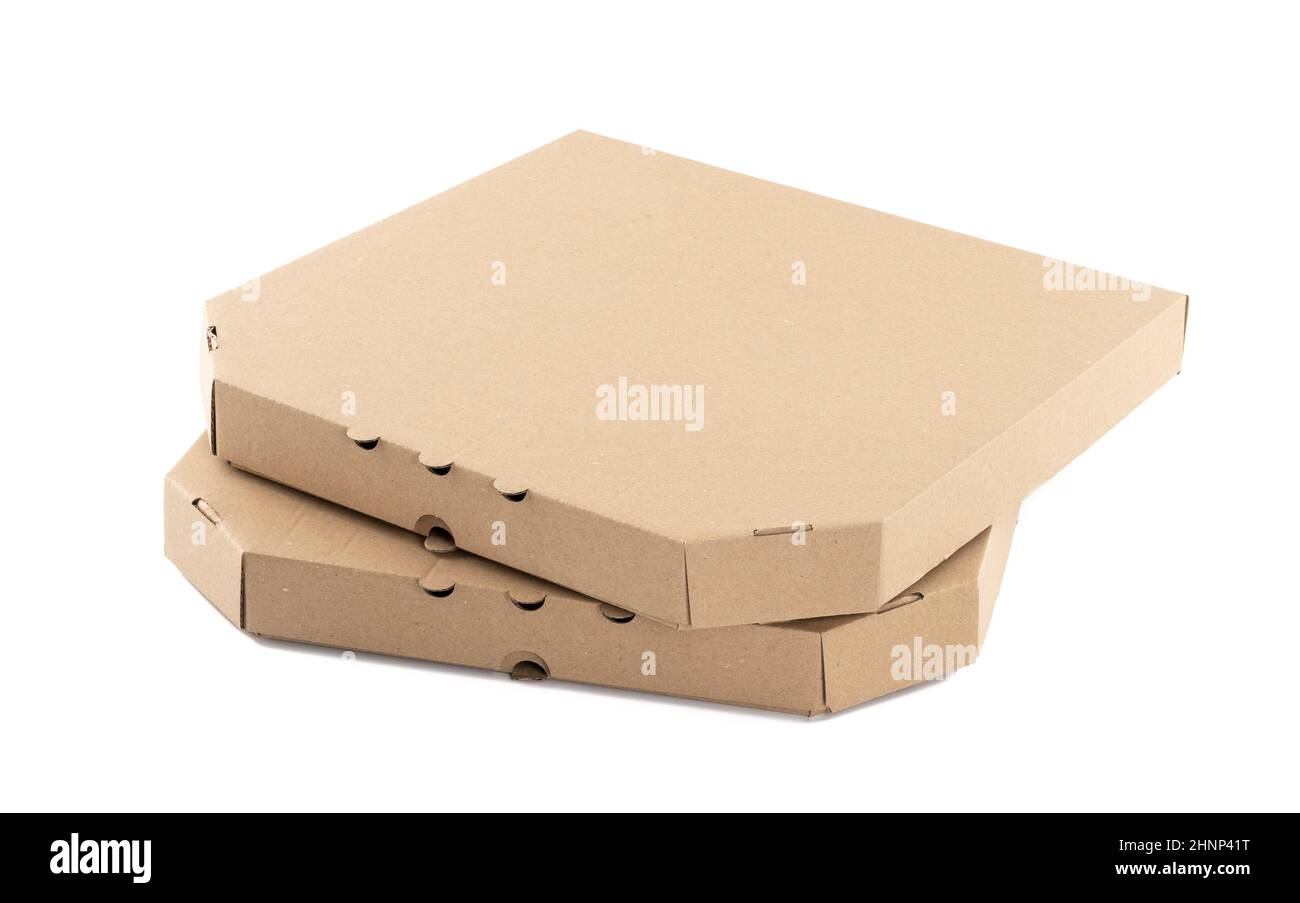 boîte à pizza en carton marron fermée sur fond blanc.Emballage alimentaire à emporter Banque D'Images