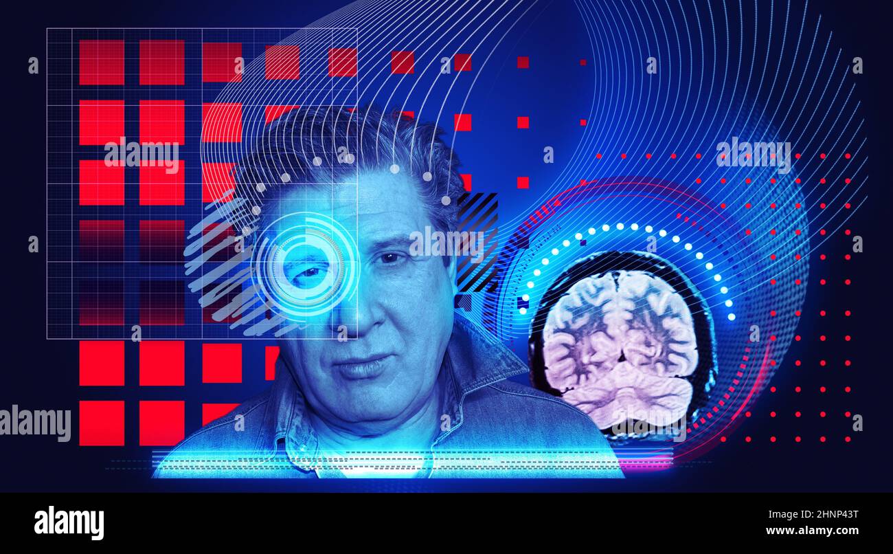 Concept d'intelligence artificielle. Tête, face avec cerveau numérique cybernétique, liaison réseau neuronale à l'interface virtuelle. Banque D'Images