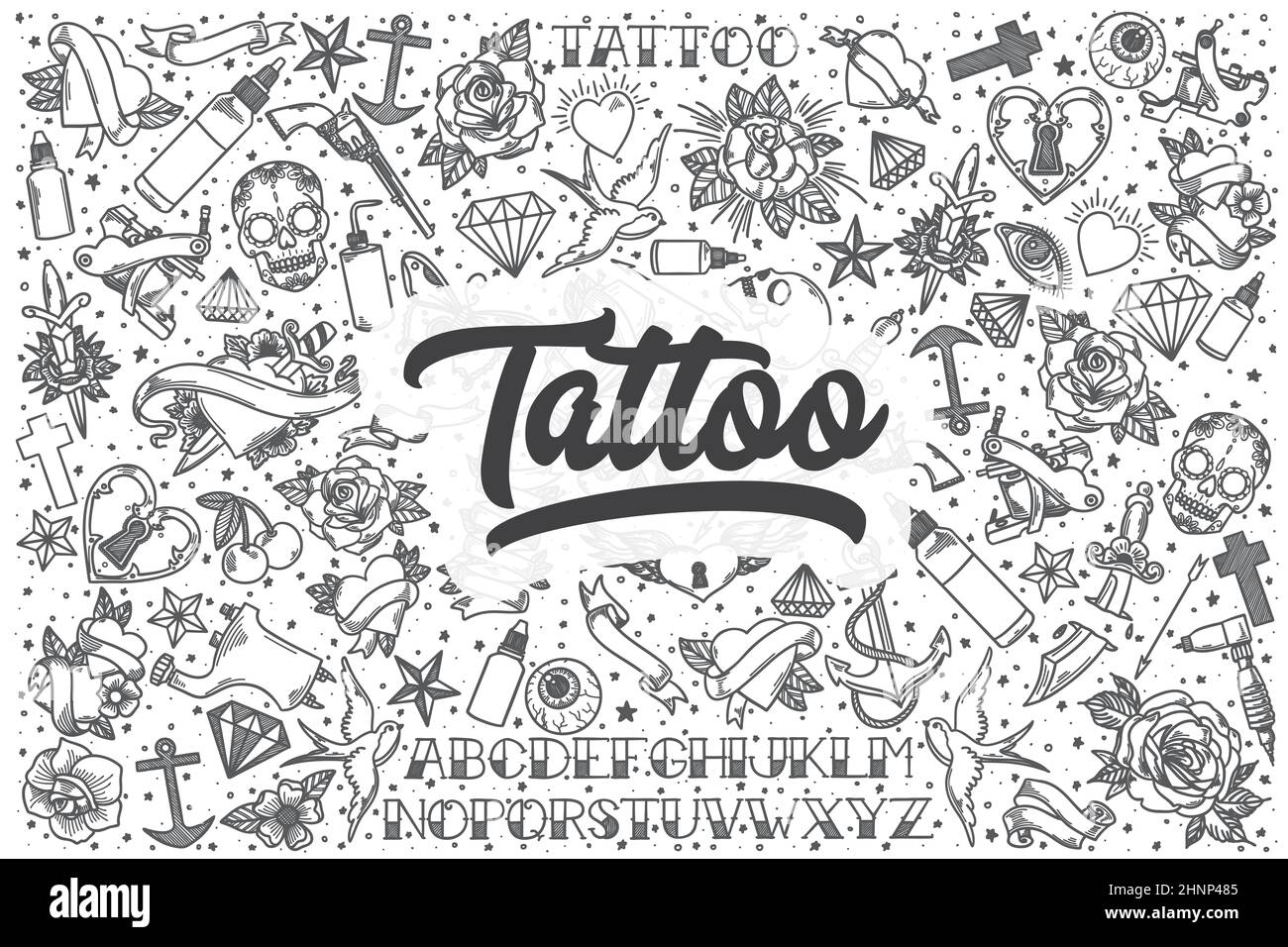 Ensemble de tatouages dessinés à la main. Lettrage - tatouage Banque D'Images