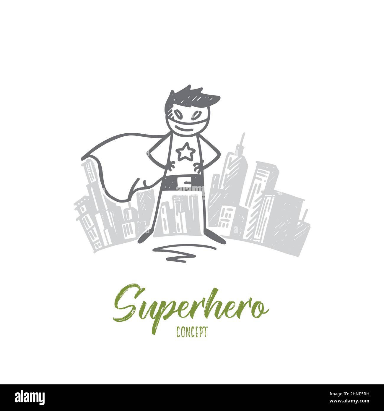 Dessin vectoriel du concept de super-héros dessiné à la main. Superman debout en costume spécial, grande ville à l'arrière-plan Banque D'Images