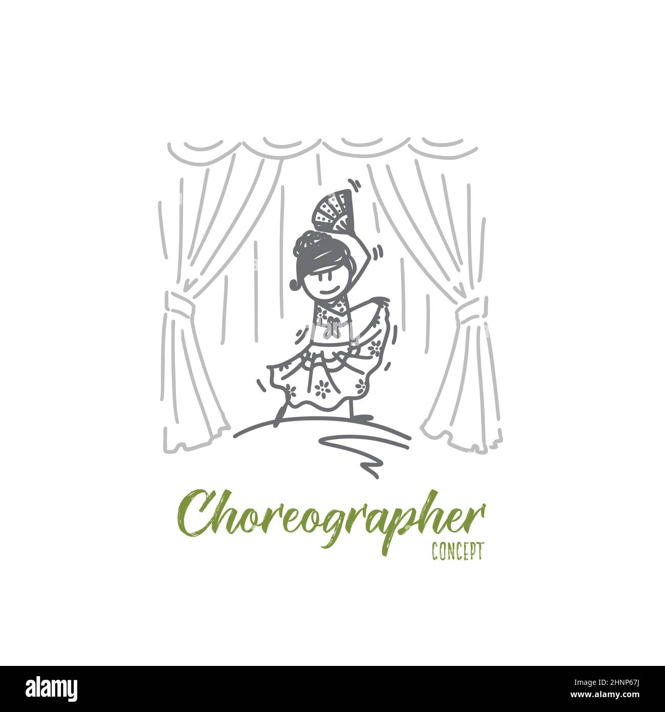 Concept chorégraphe. Chorégraphe dessiné à la main dansant sur scène. Illustration vectorielle isolée jeune danseuse. Banque D'Images