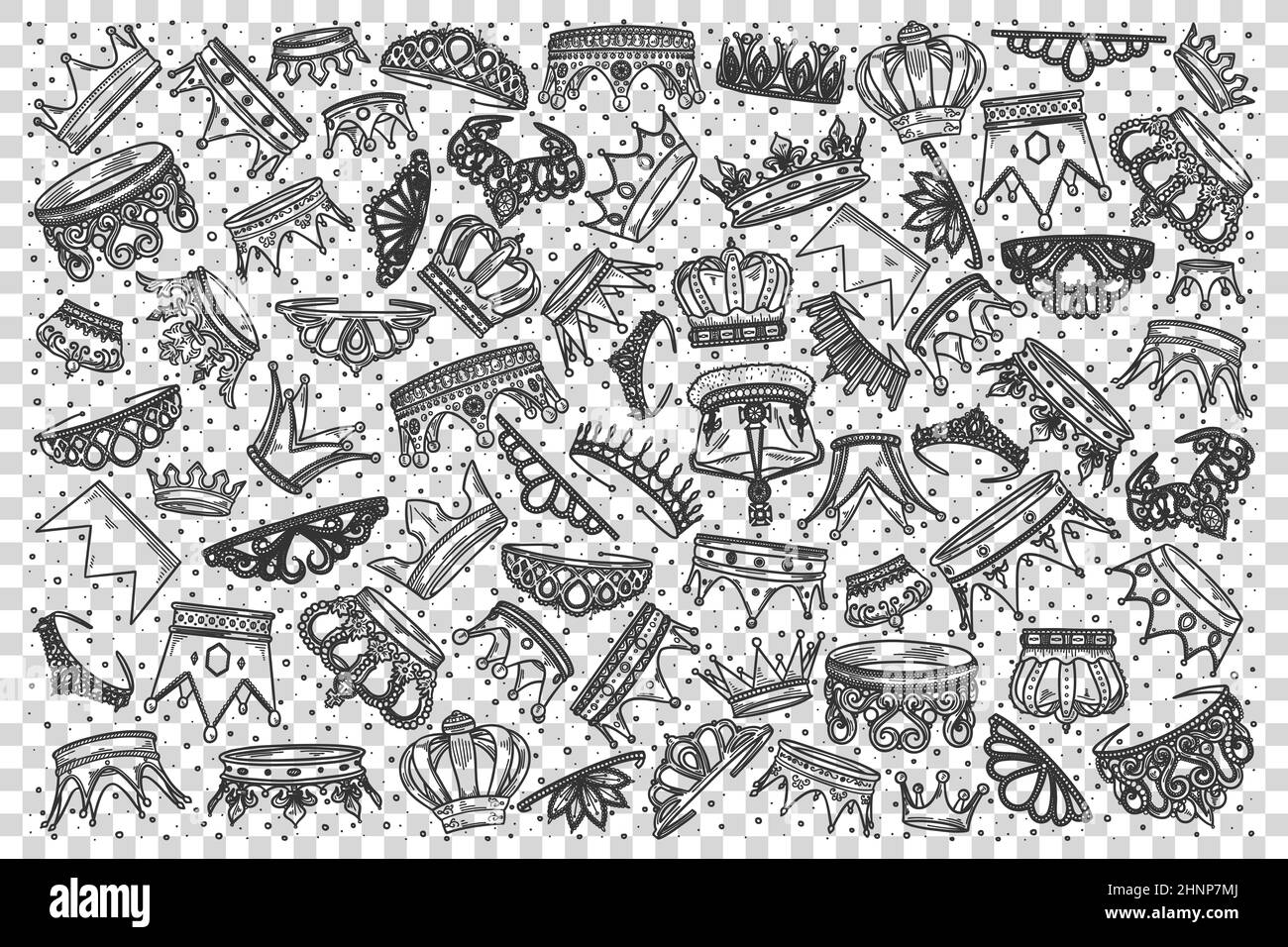 Jeu de doodle de couronnes. Collection de modèles dessinés à la main esquisse des motifs roi tiaras ou queen royal diadems illustration. Prince ou princesse de luxe Banque D'Images