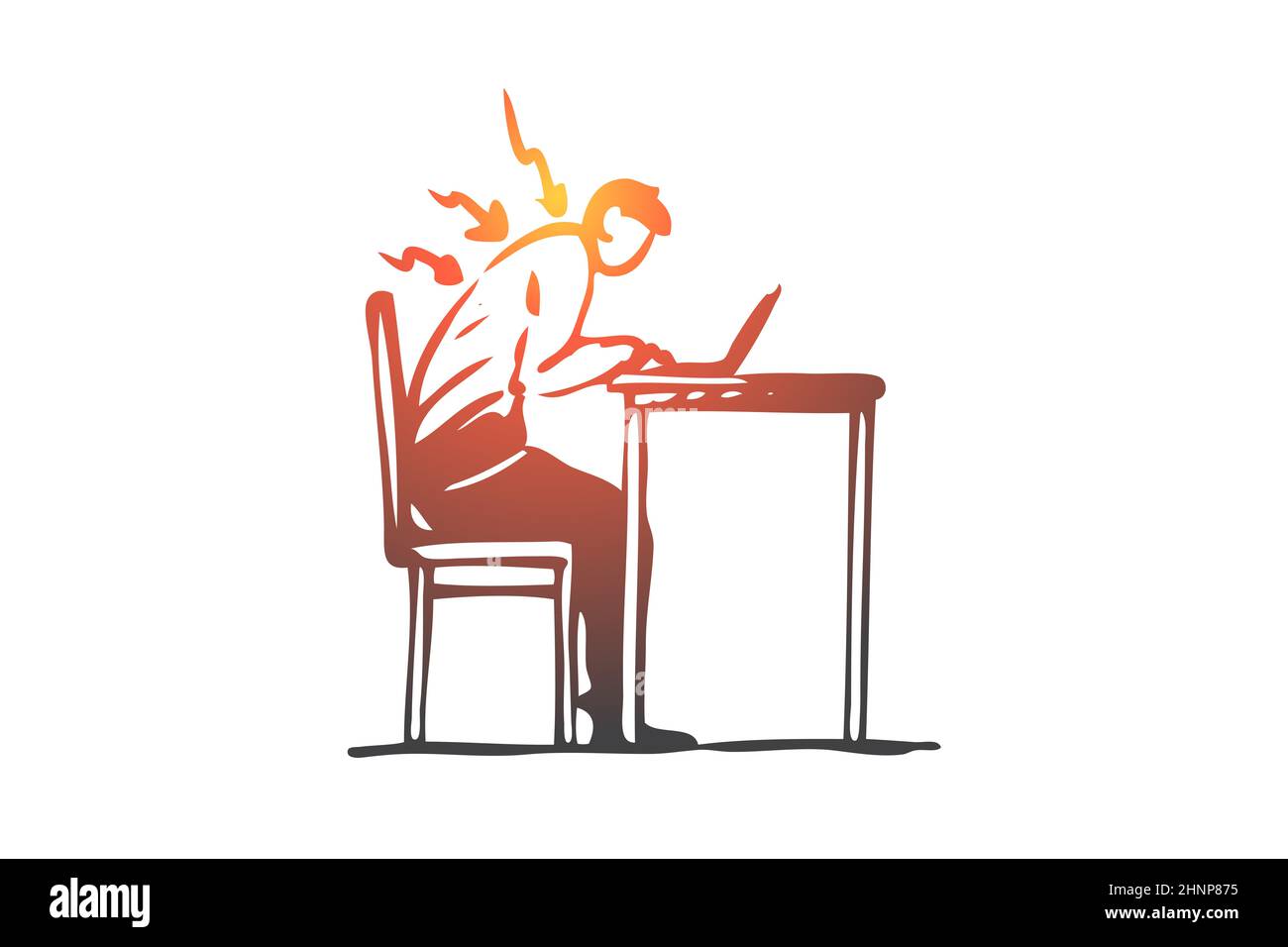 Posture, mauvaise, rachis, assis, table, concept erroné. L'homme dessiné à la main travaille à l'ordinateur dans une mauvaise posture esquisse de concept. Illustration vectorielle isolée. Banque D'Images