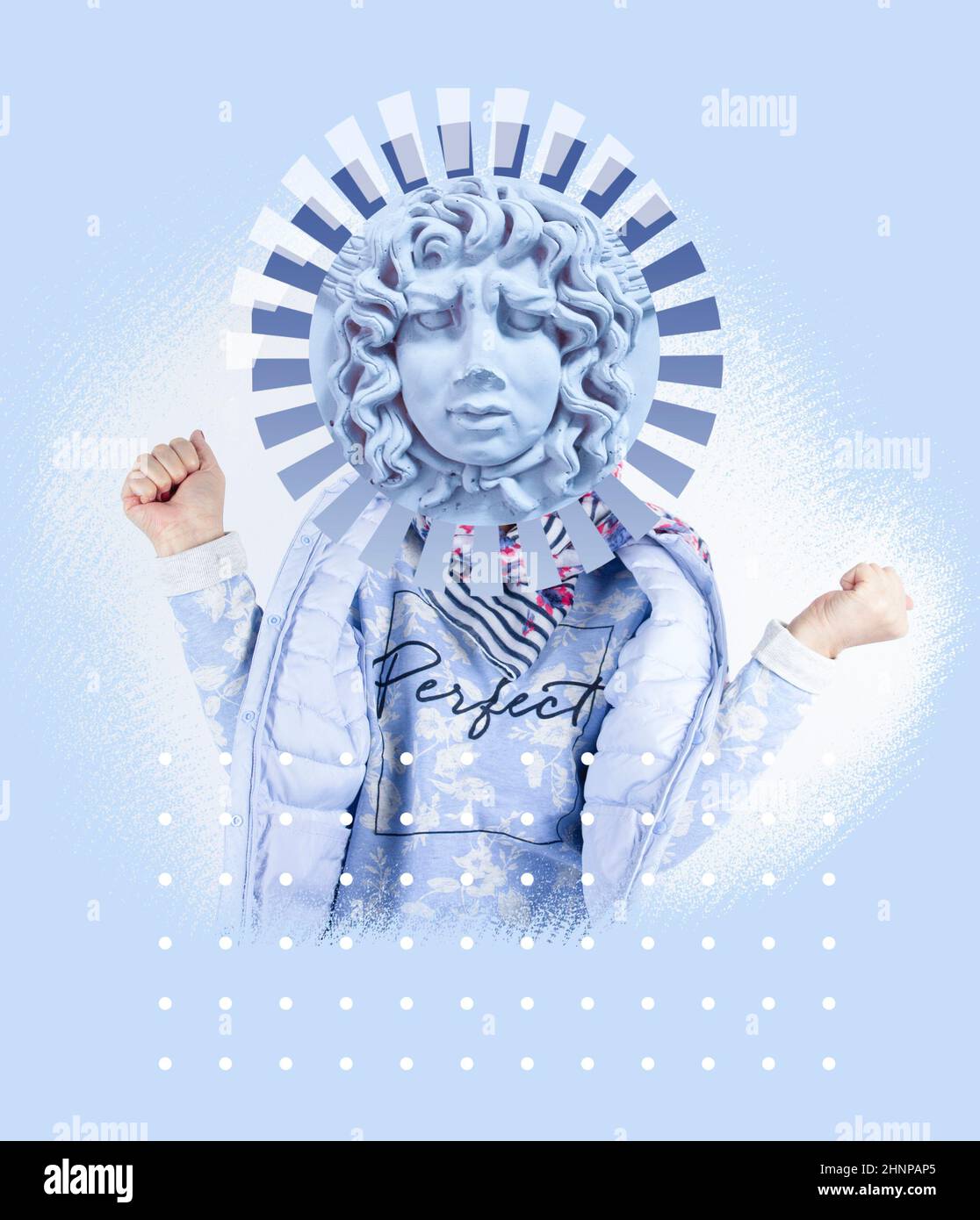 Collage d'art contemporain avec tête de statue antique dans un style surréaliste. Banque D'Images