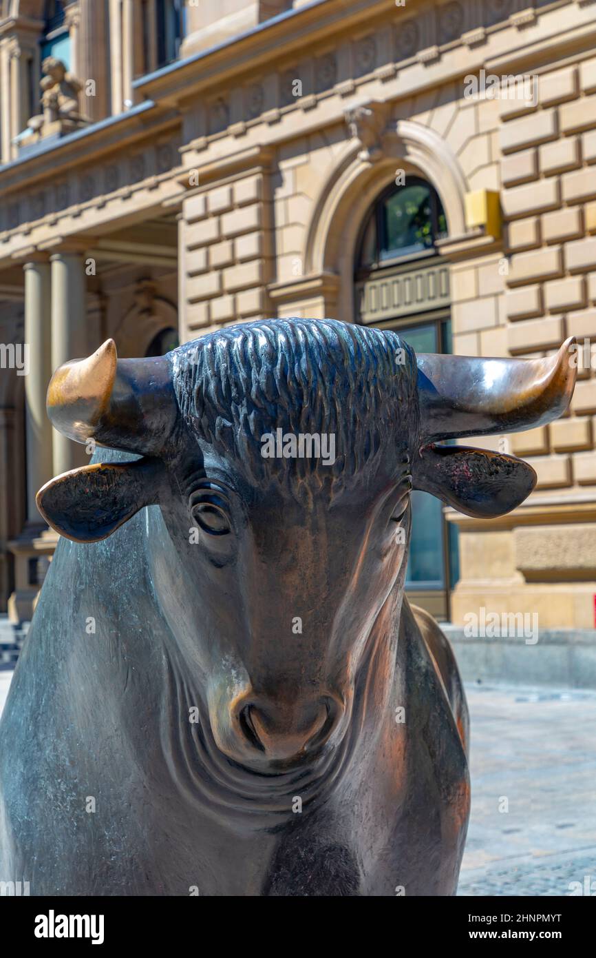 Sculpture de Bull devant le bâtiment de la Bourse de Francfort sculpture de Bull devant le bâtiment de la Bourse de Francfort Banque D'Images