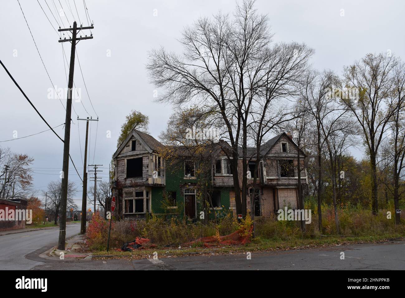 Maisons résidentielles abandonnées et en déclin sur Beaubien Blvd et Harper Ave à Milwaukee Junction, Detroit, Michigan, États-Unis. Banque D'Images