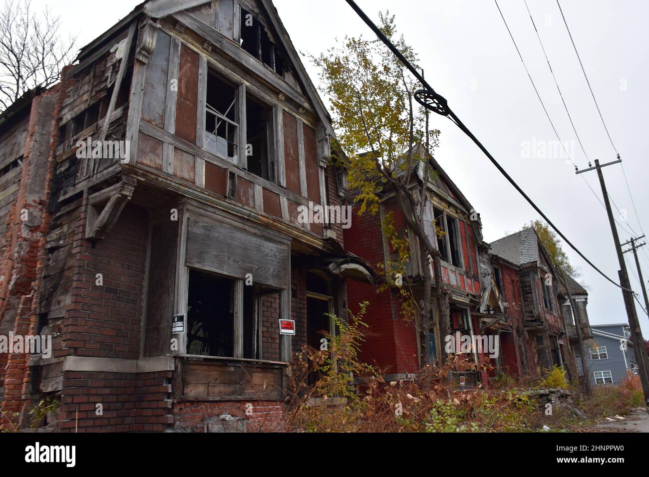 Maisons résidentielles abandonnées et en déclin sur Beaubien Blvd et Harper Ave à Milwaukee Junction, Detroit, Michigan, États-Unis. Banque D'Images