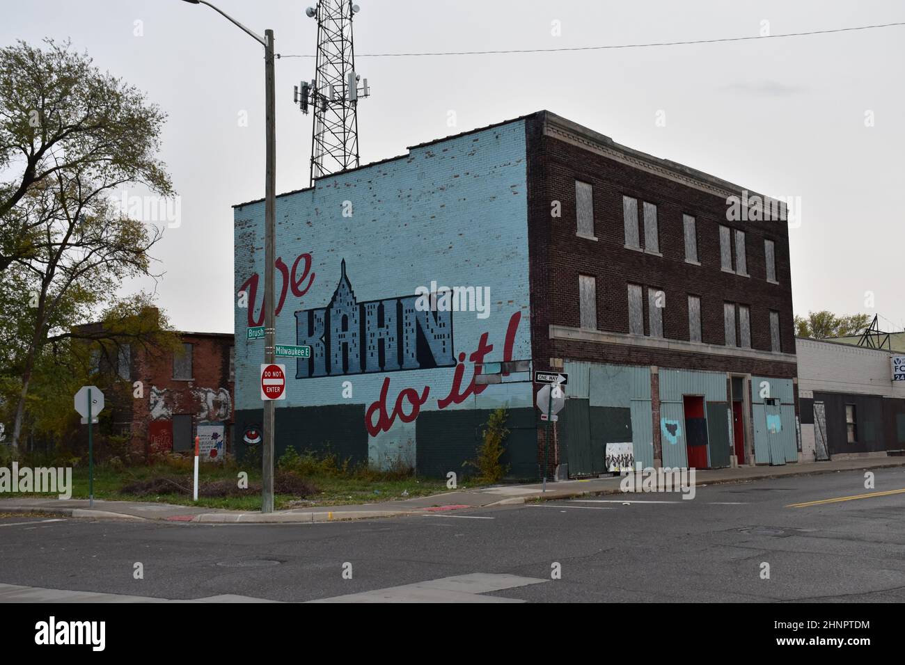 Une fresque célébrant l'architecte industriel Albert Kahn à la jonction de Brush et Milwaukee à Milwaukee Junction, Detroit, Michigan, États-Unis. Banque D'Images
