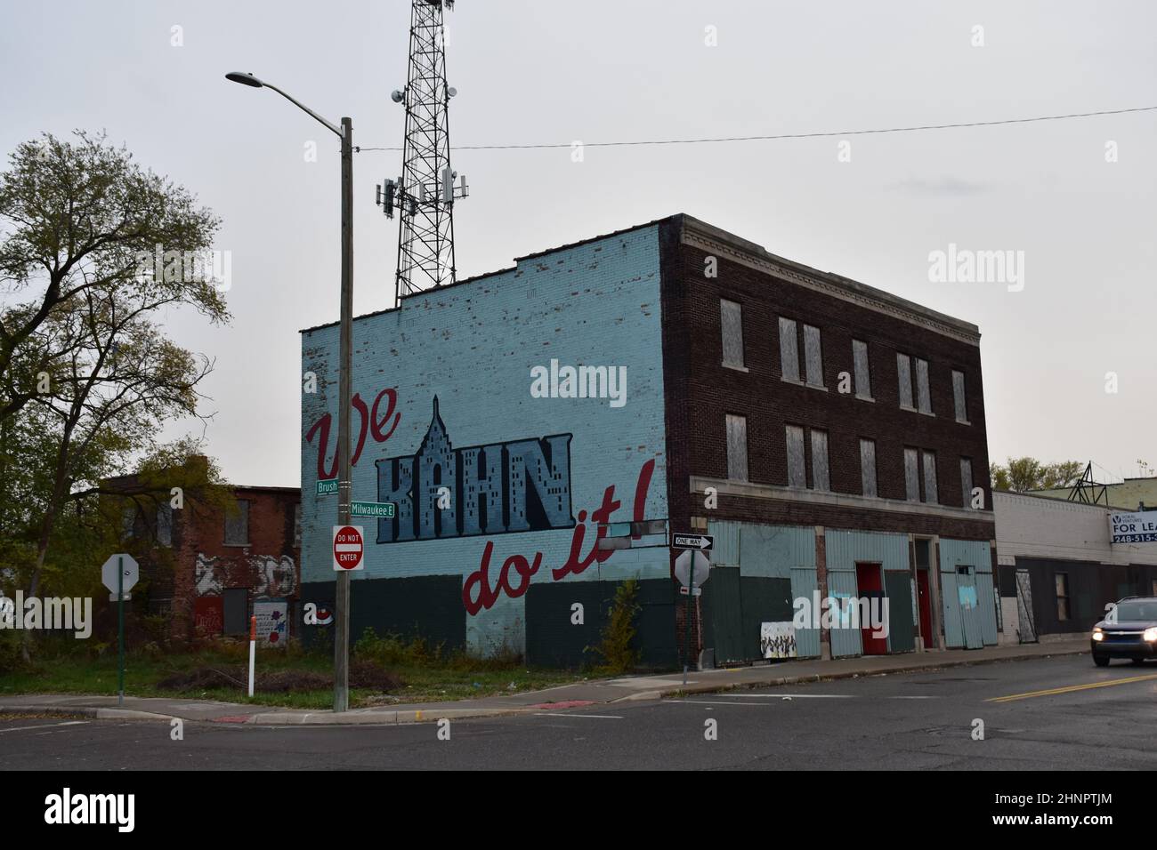 Une fresque célébrant l'architecte industriel Albert Kahn à la jonction de Brush et Milwaukee à Milwaukee Junction, Detroit, Michigan, États-Unis. Banque D'Images