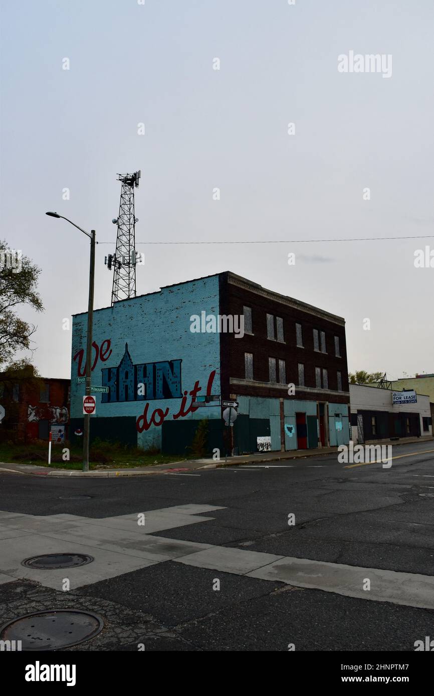 Une fresque célébrant l'architecte industriel Albert Kahn à la jonction de Brush et Milwaukee à Milwaukee Junction, Detroit, Michigan, États-Unis. Banque D'Images