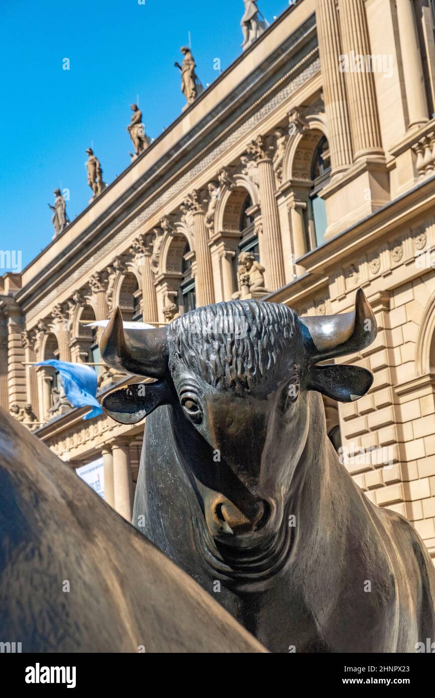 Les statues de Bull et Bear à la Bourse de Francfort, en Allemagne. La bourse de Francfort est la plus grande bourse de 12th par capitalisation boursière. Banque D'Images