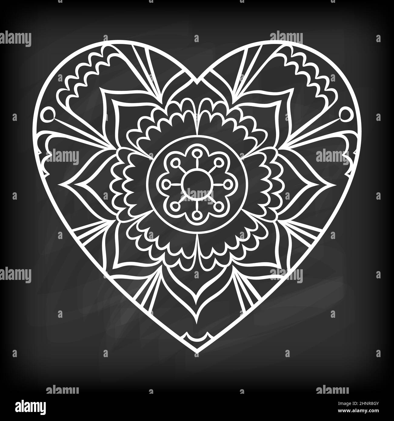 Doodle coeur mandala sur tableau noir. Contour de la fleur en forme de coeur. Motif de livre de coloriage. Fleur ronde décorative. Invitation de mariage, douche de bébé d Banque D'Images