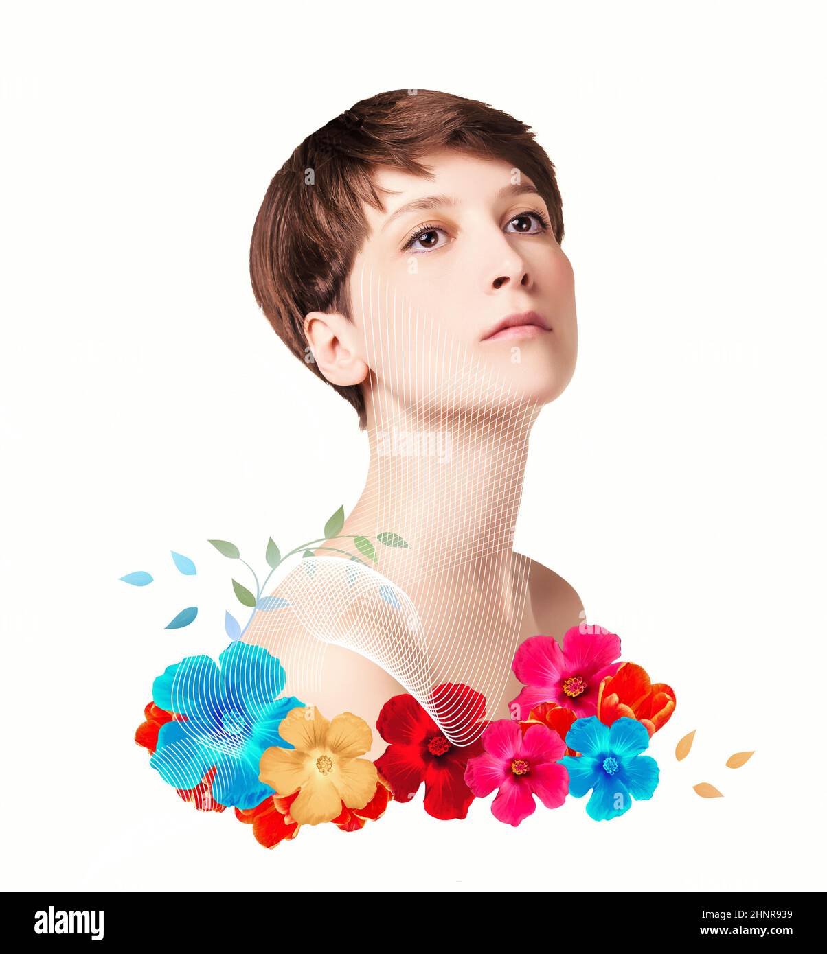 Le concept de levage, de peau, de chirurgie plastique. Femme visage avec des marques et des flèches. Design artistique Banque D'Images