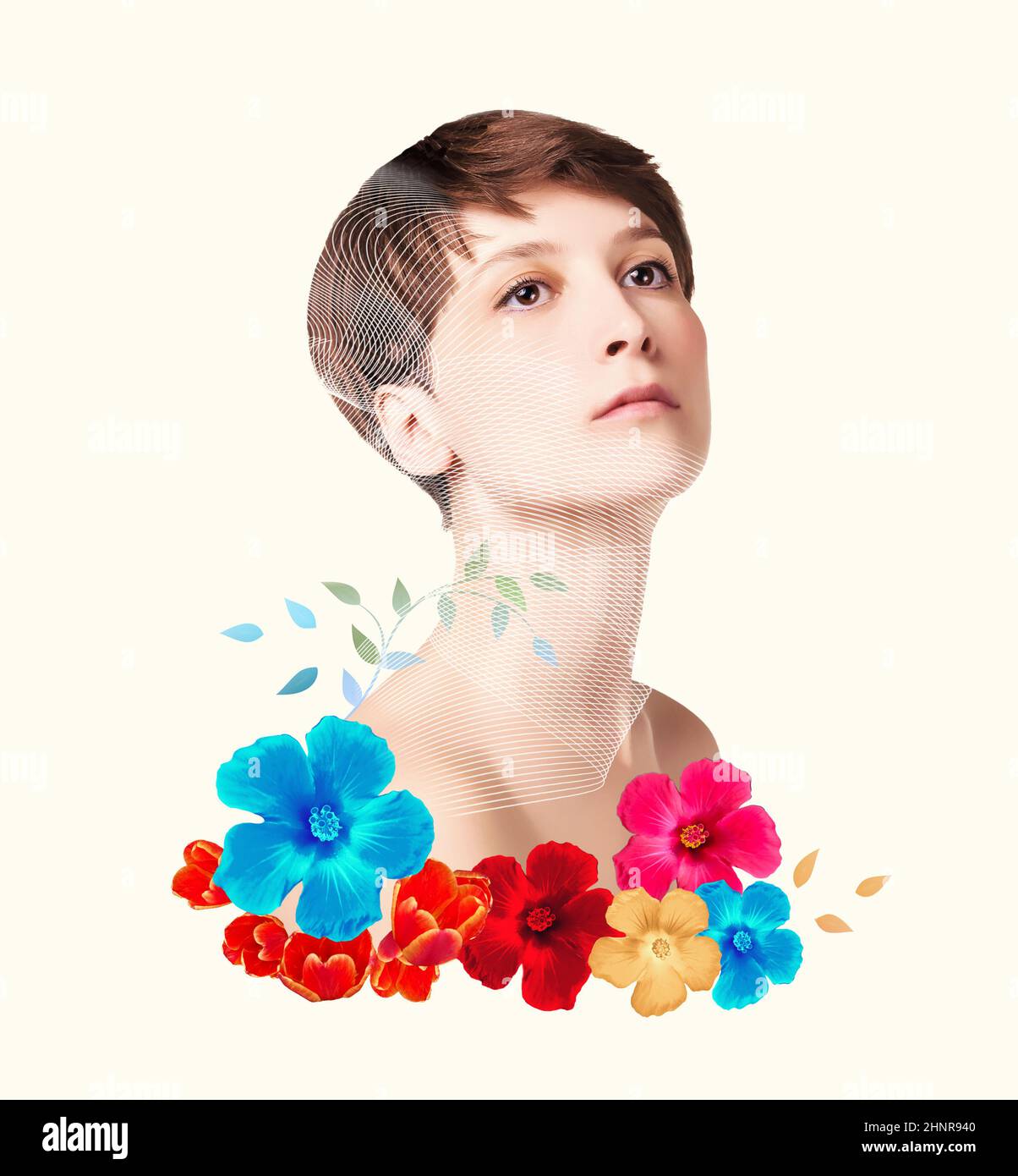 Le concept de levage, de peau, de chirurgie plastique. Femme visage avec des marques et des flèches. Design artistique Banque D'Images