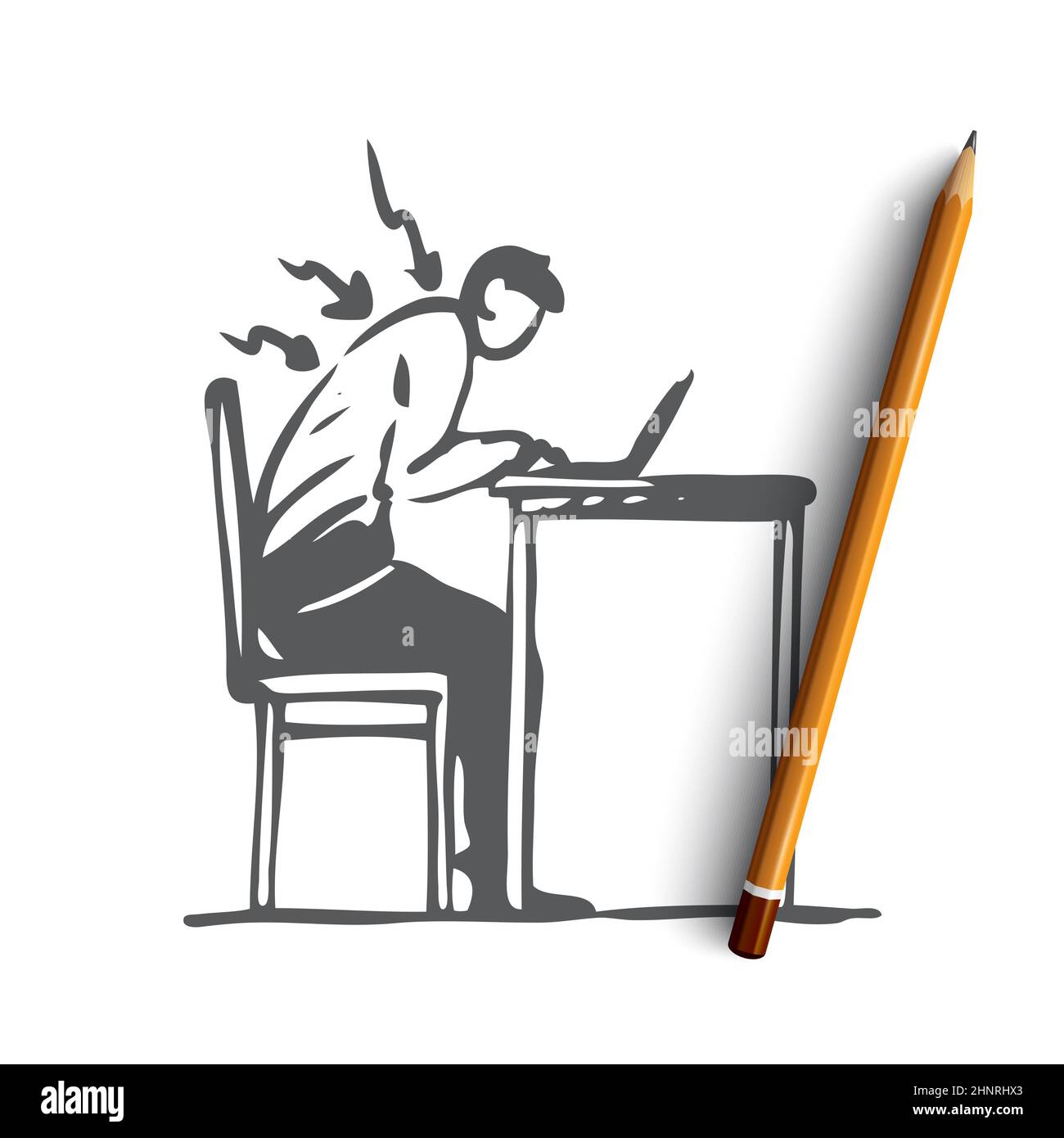 Posture, mauvaise, rachis, assis, table, concept erroné. L'homme dessiné à la main travaille à l'ordinateur dans une mauvaise posture esquisse de concept. Illustration vectorielle isolée. Banque D'Images