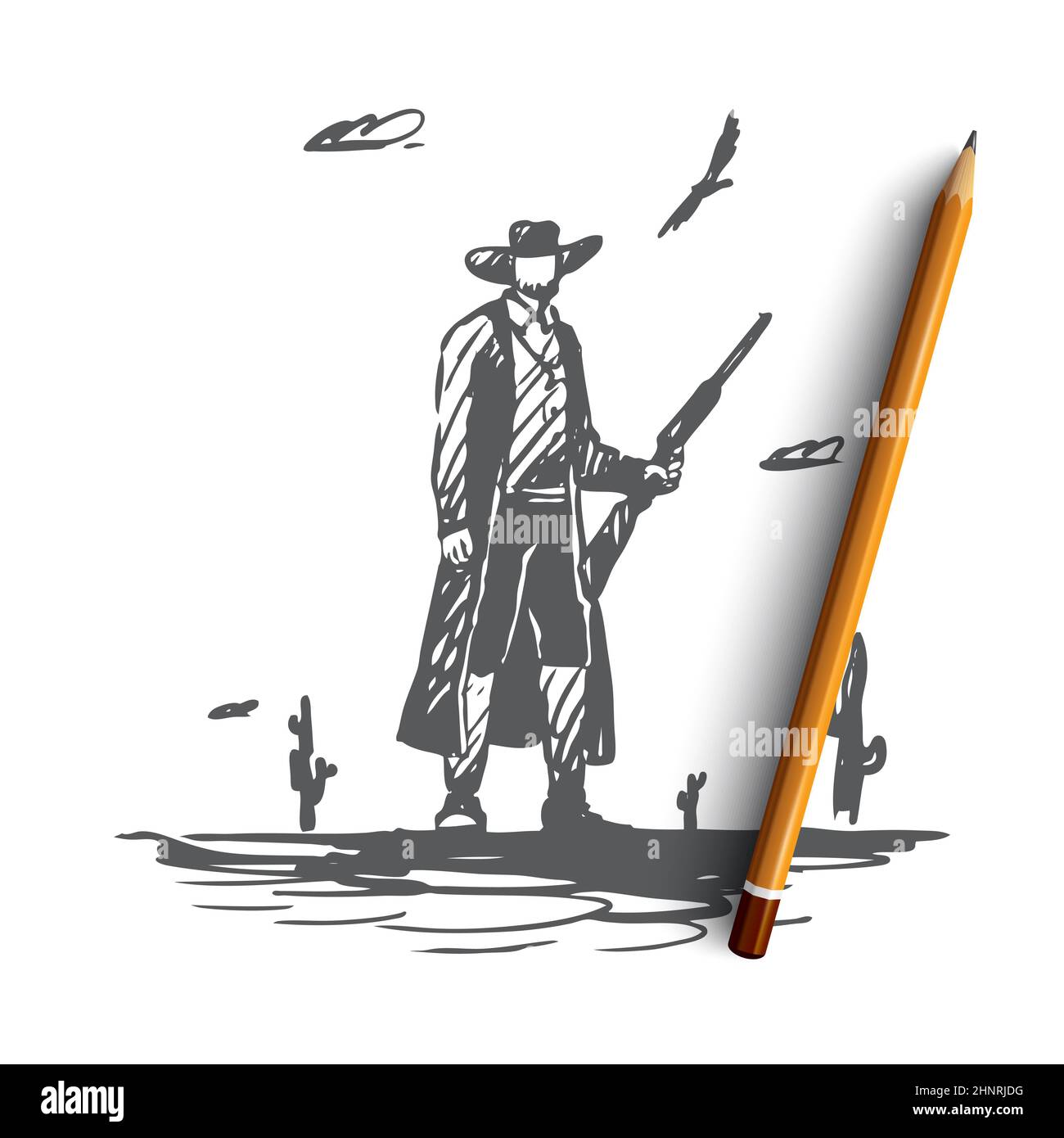 Wild, West, cow-boy, canon, chapeau, WESTERN concept. Personnage occidental dessiné à la main avec un pistolet dans un croquis de concept de désert. Illustration vectorielle isolée. Banque D'Images