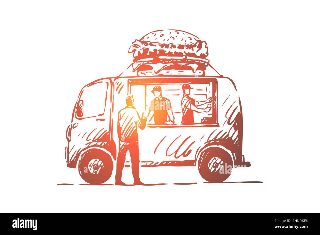 Burger, voiture, restauration rapide, magasin, concept de camion. Voiture dessinée à la main avec hamburgers et croquis du concept de restauration rapide. Illustration vectorielle isolée. Banque D'Images