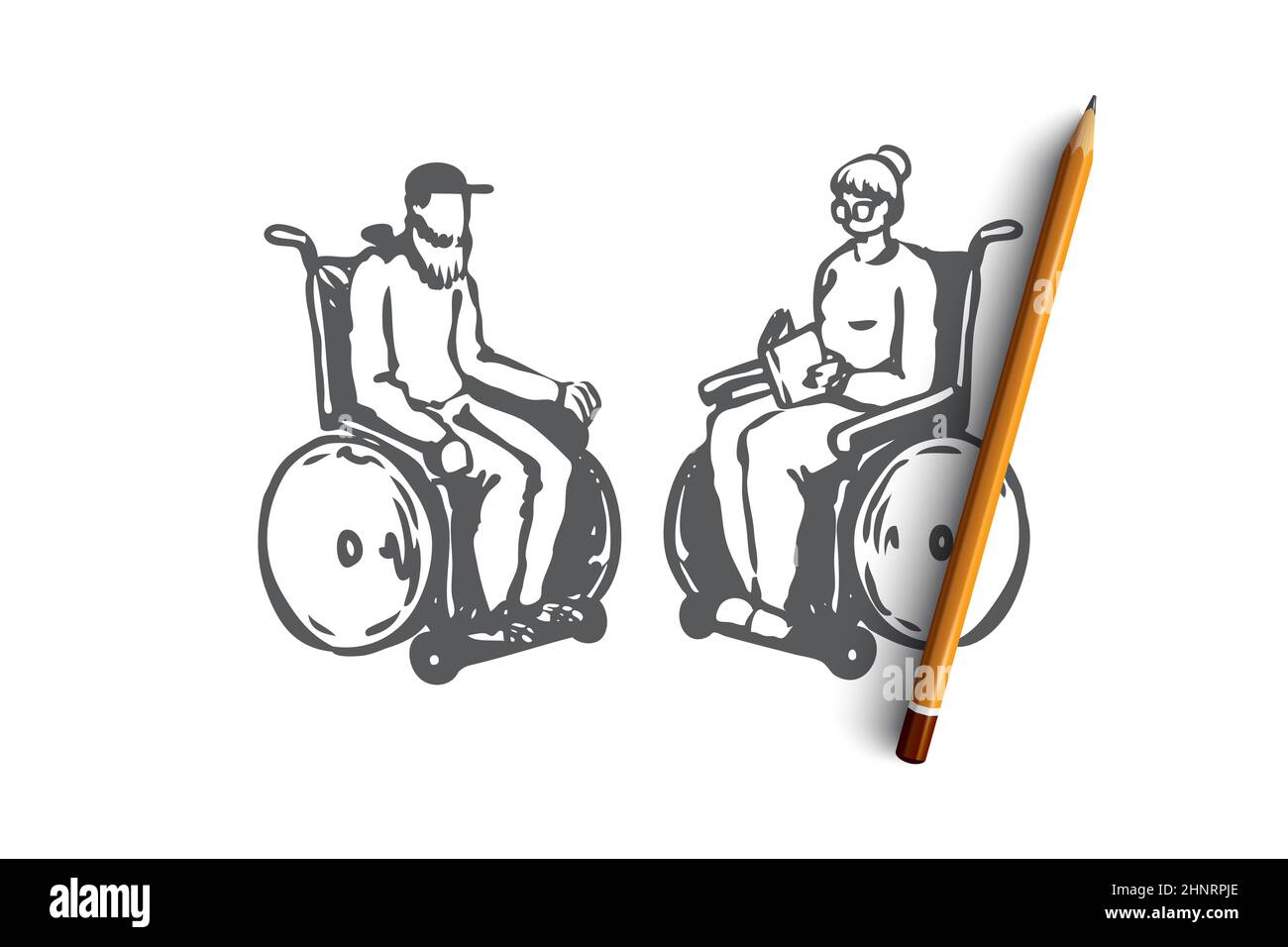 Vieux, senior, fauteuil roulant, soins infirmiers, concept d'âge. Dessin  d'un vieux couple tiré à la main dans une maison de soins infirmiers en fauteuil  roulant. Illustration vectorielle isolée Photo Stock - Alamy