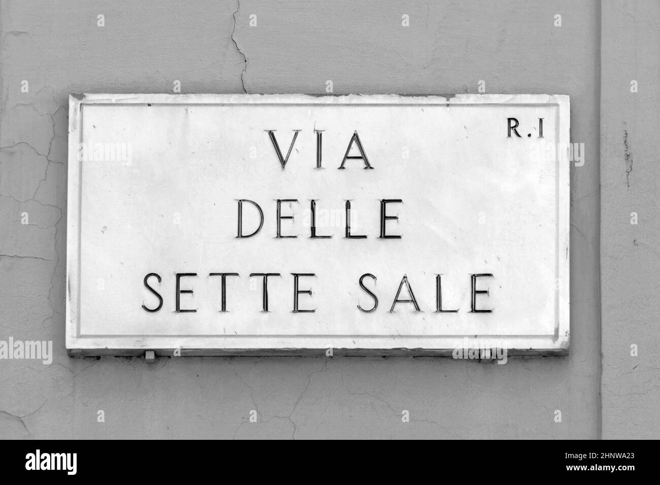 Nom de rue via delle Sette vente- engl: rue sette - peint au mur à Rome, Italie Banque D'Images