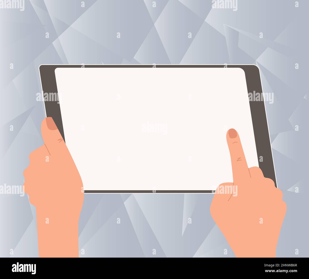 Illustration d'Une main à l'aide d'une tablette à la recherche de nouvelles idées étonnantes. Banque D'Images