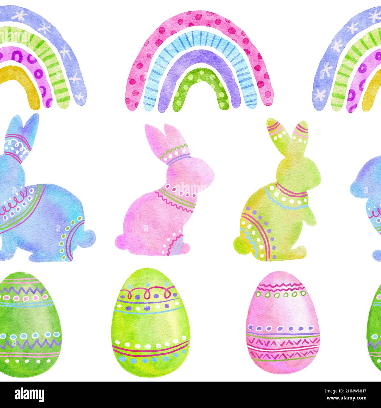 Aquarelle dessin à la main sans couture avec oeufs de Pâques lapins raibouws de lapin dans les couleurs rose pastel vert bleu. Printemps avril fond pour la fête décor papier d'emballage textile Banque D'Images