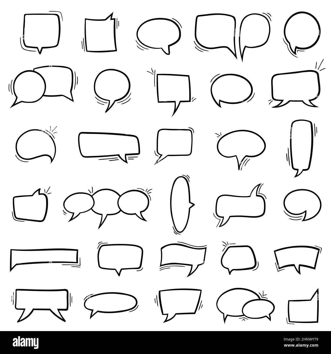 Ensemble de bulles de conversation linéaires noires dessinées à la main ou de bulles de discussion, élément de conception utilisé pour la parole sur un fond blanc. Illustration de Vecteur