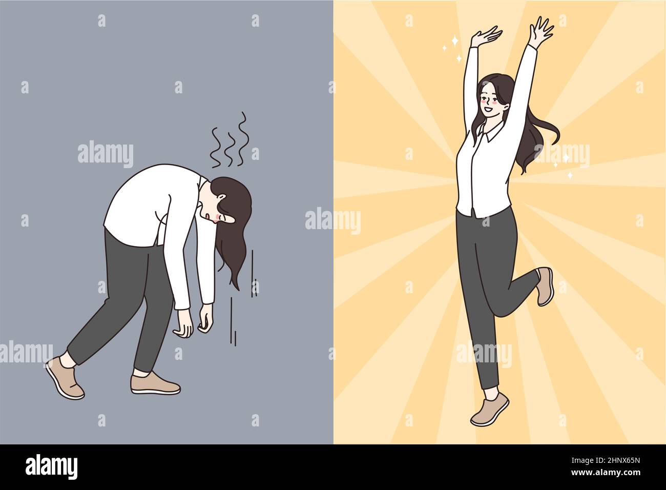 La femme d'affaires exprime différentes émotions, se sentent heureux et motivés contre malheureux et stressé. L'humeur des employés oscille. Trouble bipolaire, épuisement professionnel. V Banque D'Images