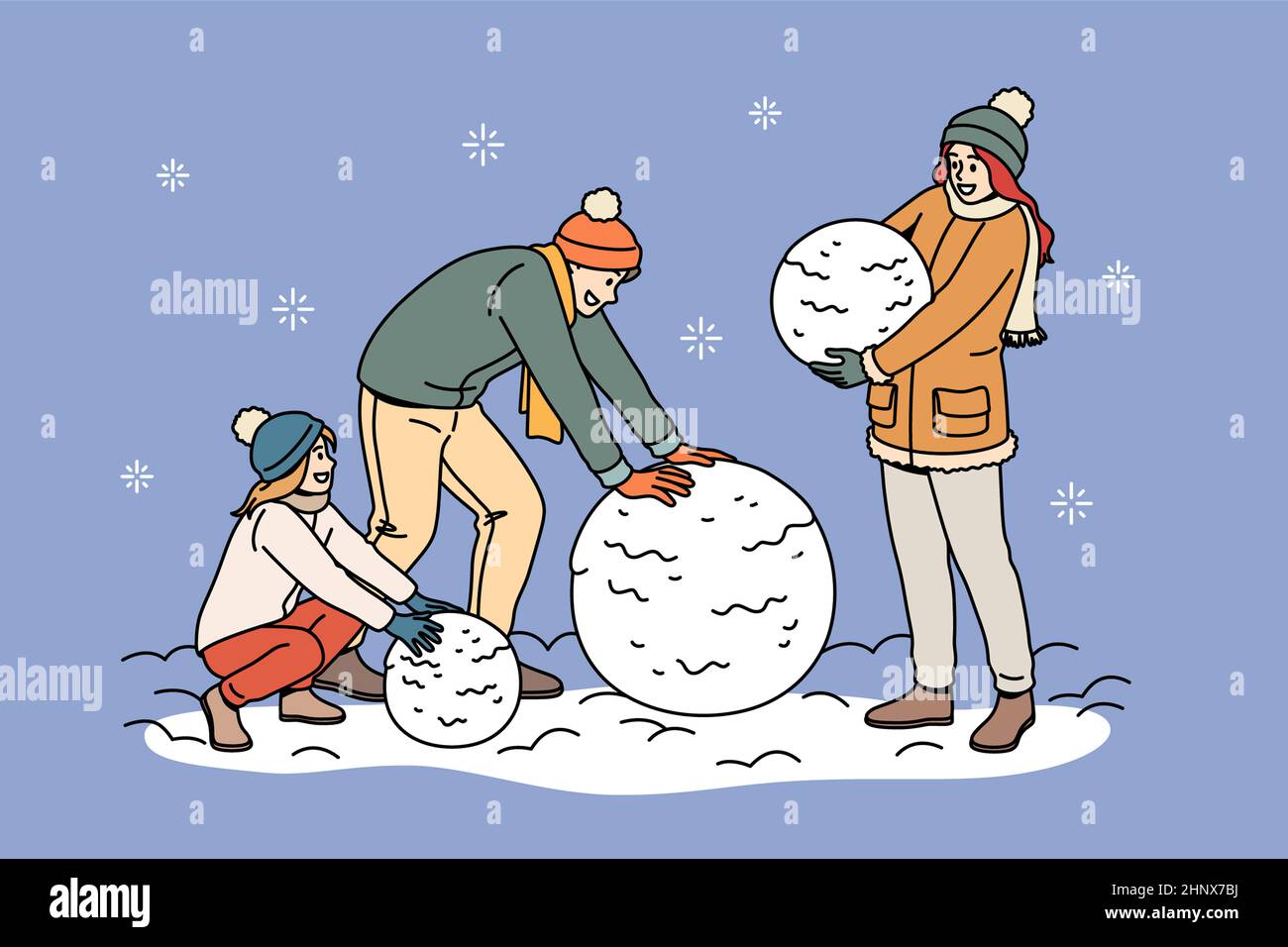 Activités de loisirs en hiver pour un concept familial. Famille heureuse avec fille portant des vêtements chauds boules de neige roulantes ayant plaisir ensemble vecteur illustrateur Banque D'Images