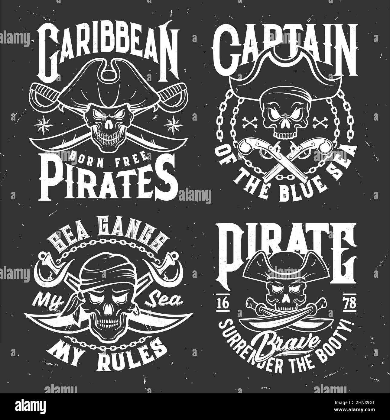 Crânes de pirate avec épées et crossones, imprimés de t-shirts vectoriels et drapeaux de bandits marins des Caraïbes. Crâne pirate en bandana et patch oculaire, pistolets pistolet et Illustration de Vecteur