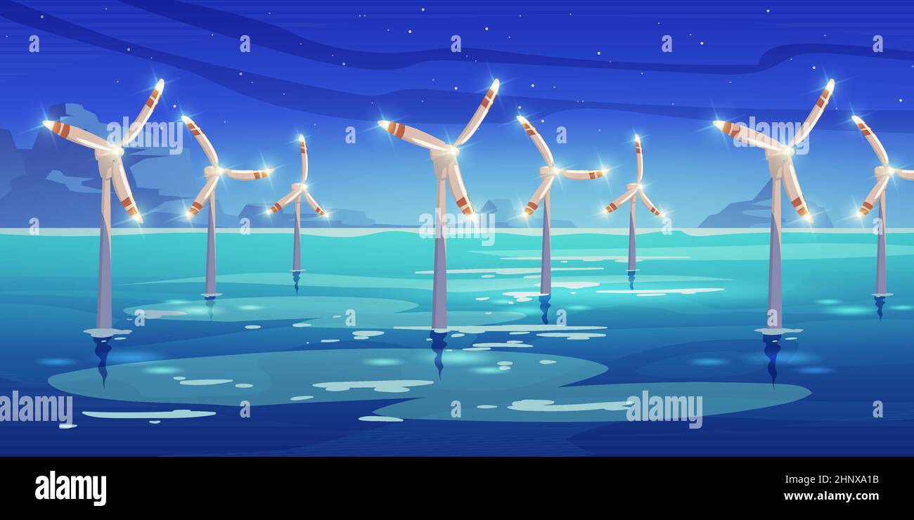 Ferme offshore de nuit avec moulins à vent dans l'eau, turbines de production d'énergie éolienne alternative avec des pales luminescentes sous ciel étoilé dans l'océan, énergie renouvelable vert durable, illustration du vecteur de Cartoon Illustration de Vecteur