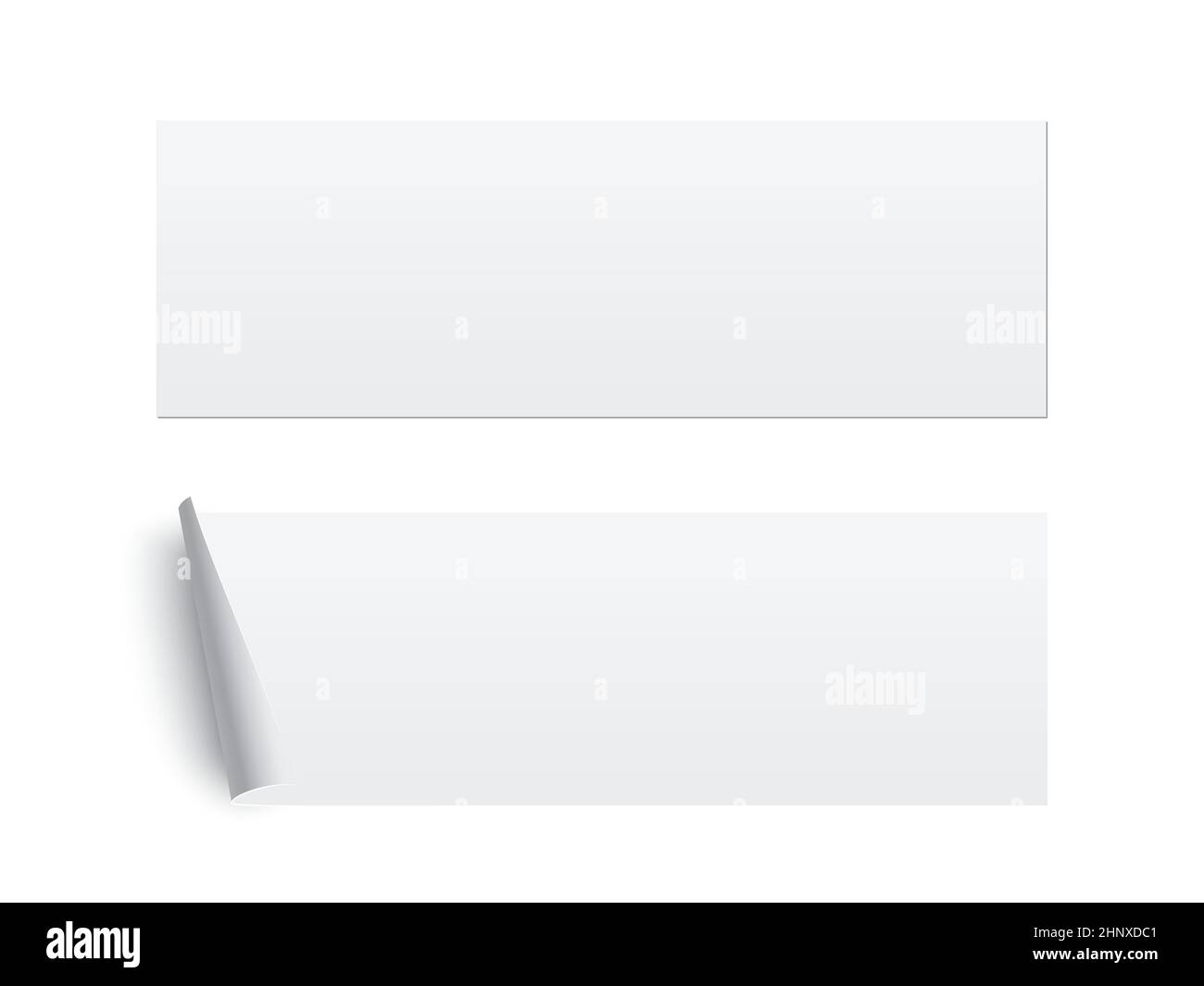 Autocollants rectangulaires collés blancs avec bords de boucles. 3d illustration vectorielle d'étiquette de papier vierge. Badge avec bord torsadé sur fond blanc. Illustration de Vecteur