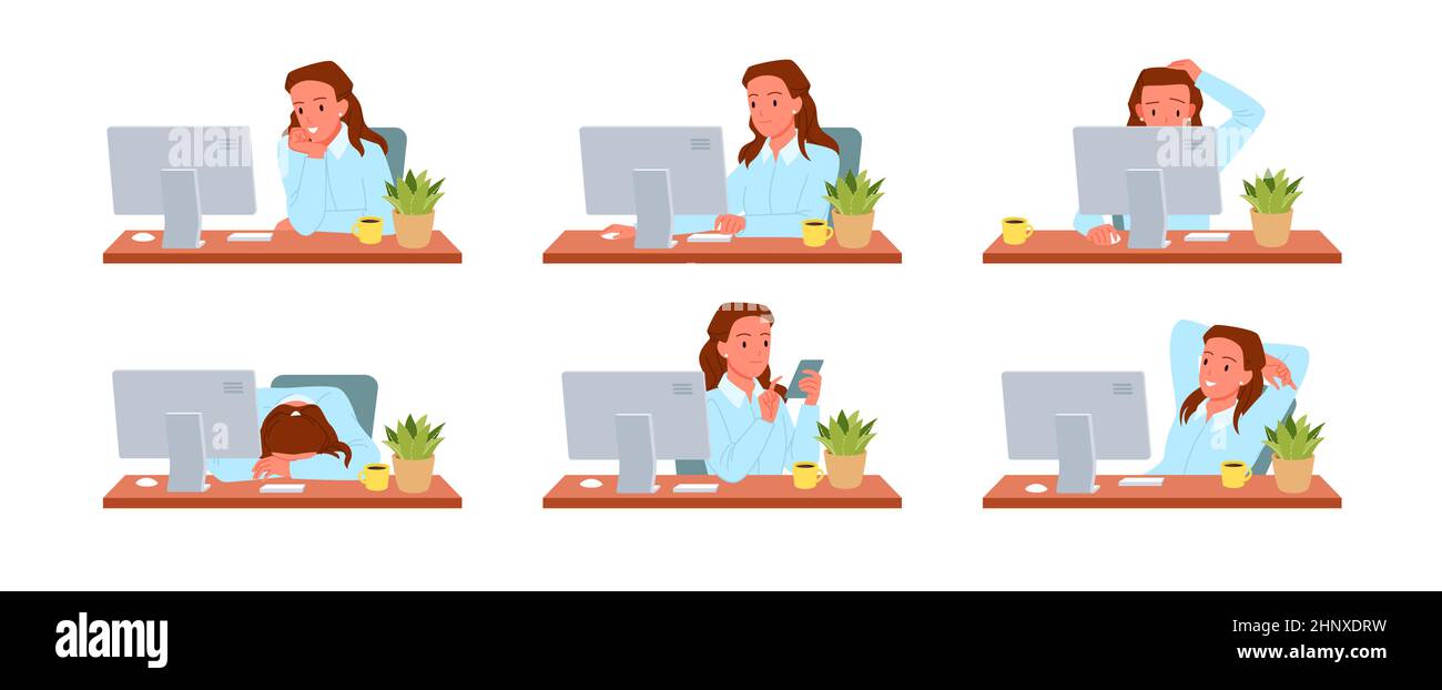 Un large éventail de femmes travaillant au bureau sur l'ordinateur de bureau dans diverses poses de travail Illustration de Vecteur Un large éventail de femmes travaillant au bureau sur l'ordinateur de bureau dans diverses poses de travail Illustration de Vecteur