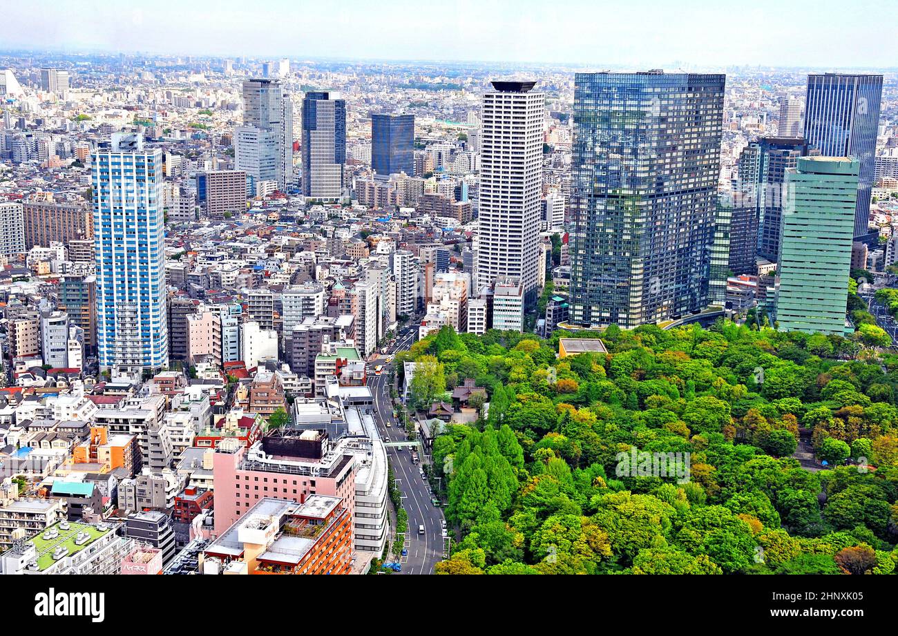 Vue aérienne sur le quartier de Shinjuku à l'ouest et le parc central de Shinjuku, Tokyo, Japon Banque D'Images