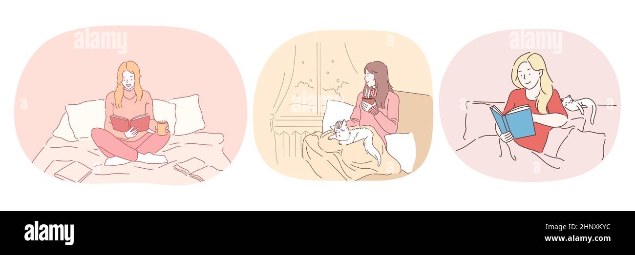 Détente avec livre à la maison, concept de literie paresseuse. Jeunes femmes positives dans des vêtements confortables rester dans le lit, lire des livres et se détendre avec le chat et la boisson chaude à la maison Illustration de Vecteur