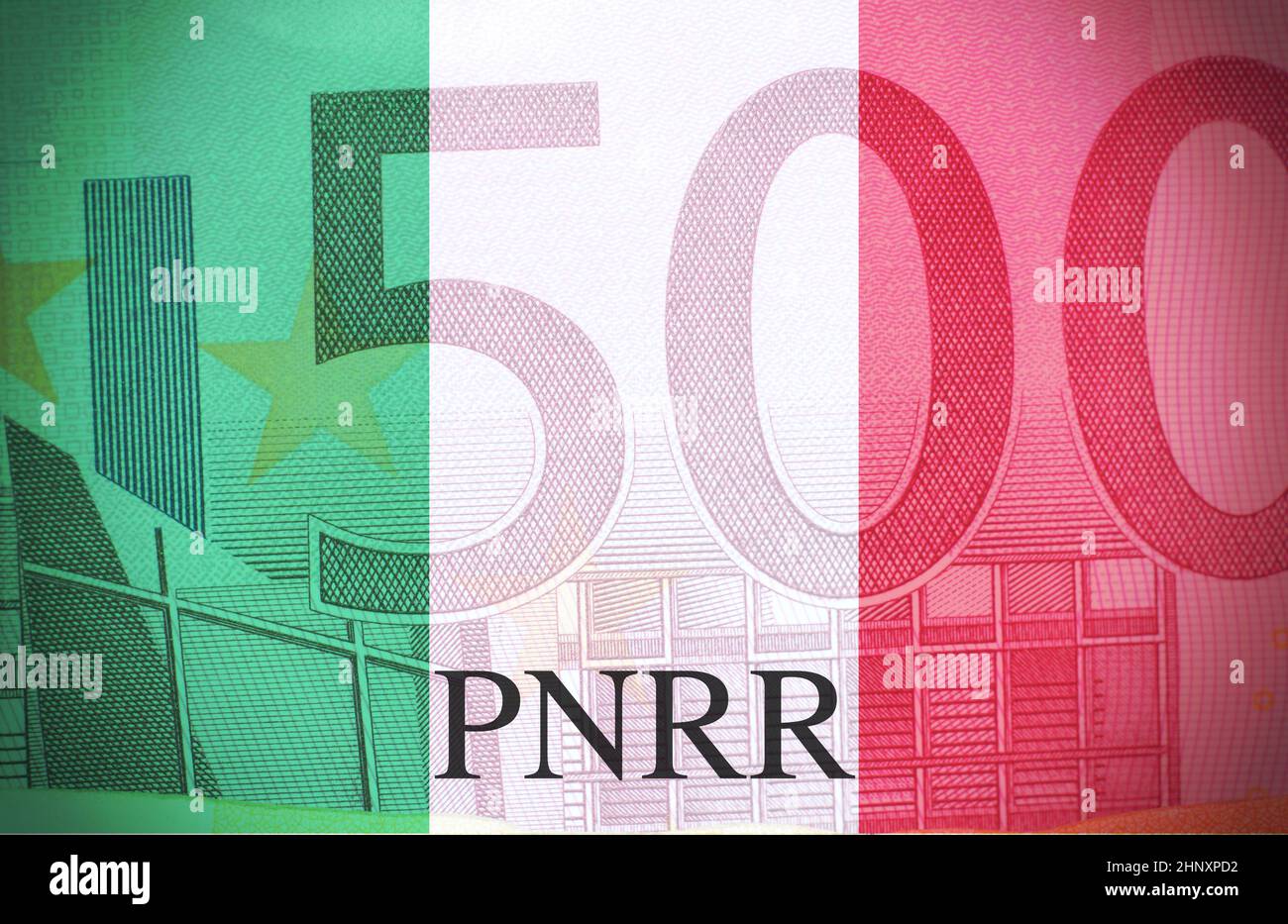 Macro d'un billet de 500 euros avec le drapeau italien. Banque D'Images