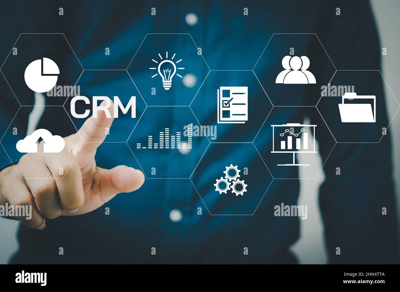 CRM logiciel système d'automatisation de la gestion de la relation client.concept de technologie d'entreprise sur écran virtuel. Banque D'Images