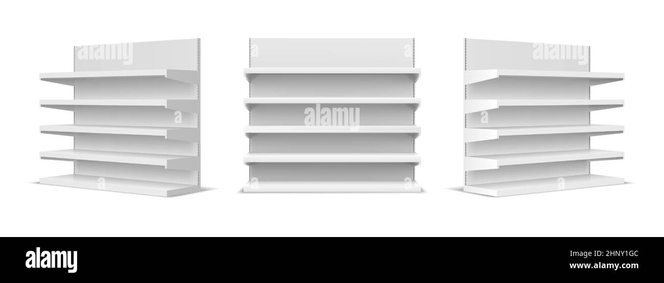 Maquette de rayonnage vide blanche à l'avant et vue en perspective. Présentoir de supermarché réaliste, bibliothèque, magasin produit exposition vecteur set.Showcase dis Illustration de Vecteur