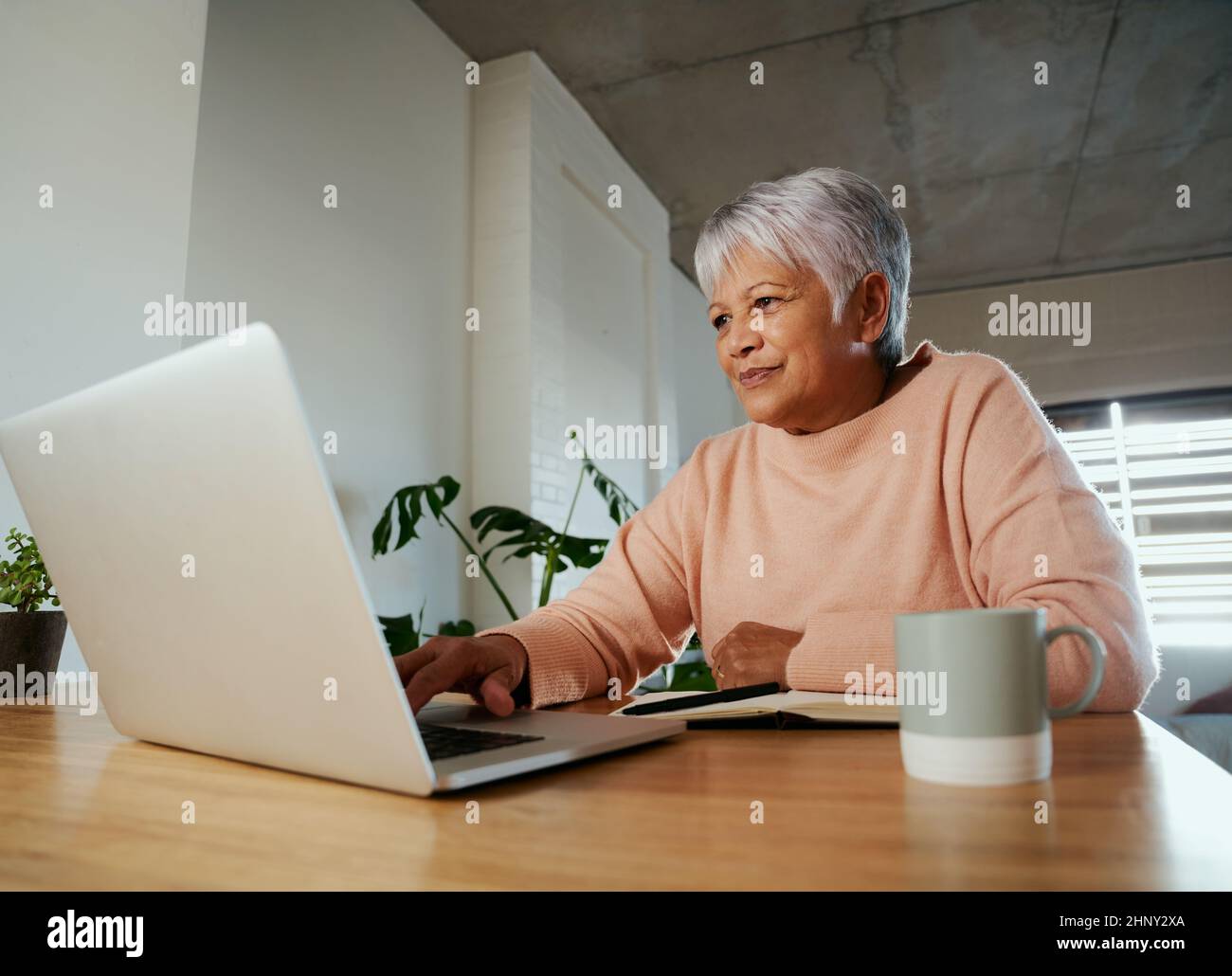 Femme âgée, multiethnique, assise au comptoir de la maison, défilant sur son ordinateur portable, souriant. Banque D'Images