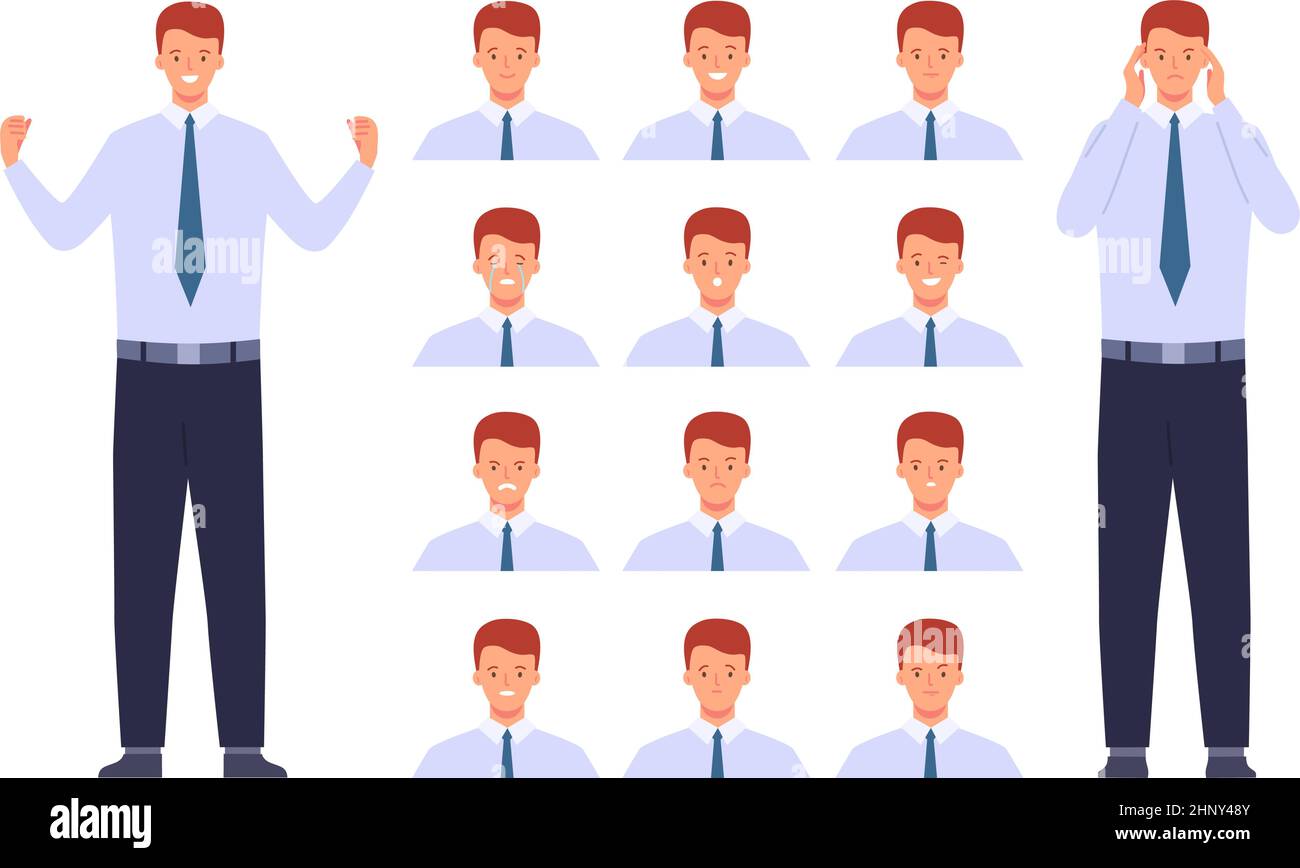 Les émotions et les expressions du visage de l'homme d'affaires plat. Un homme d'affaires en colère, doué, triste et heureux. Ensemble de vecteur emoji employé de bureau. bon de commande de l'employé Illustration de Vecteur