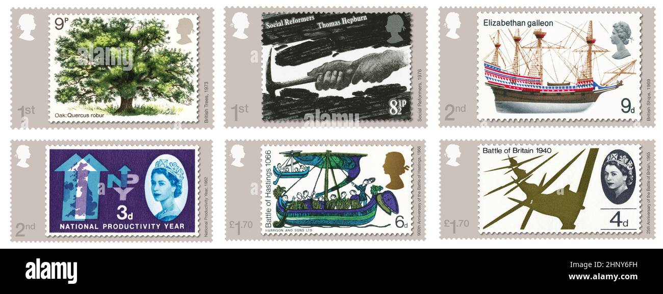 Une photo sans date du Royal Mail of Timbres, conçue par David Gentleman pour l'ensemble de six timbres qui rendent hommage au designer reconnu pour avoir changé le visage du motif britannique de timbres. C'est la première fois que Royal Mail consacre une édition entière à un concepteur de ses timbres commémoratifs. Date de publication : vendredi 18 février 2022. Banque D'Images