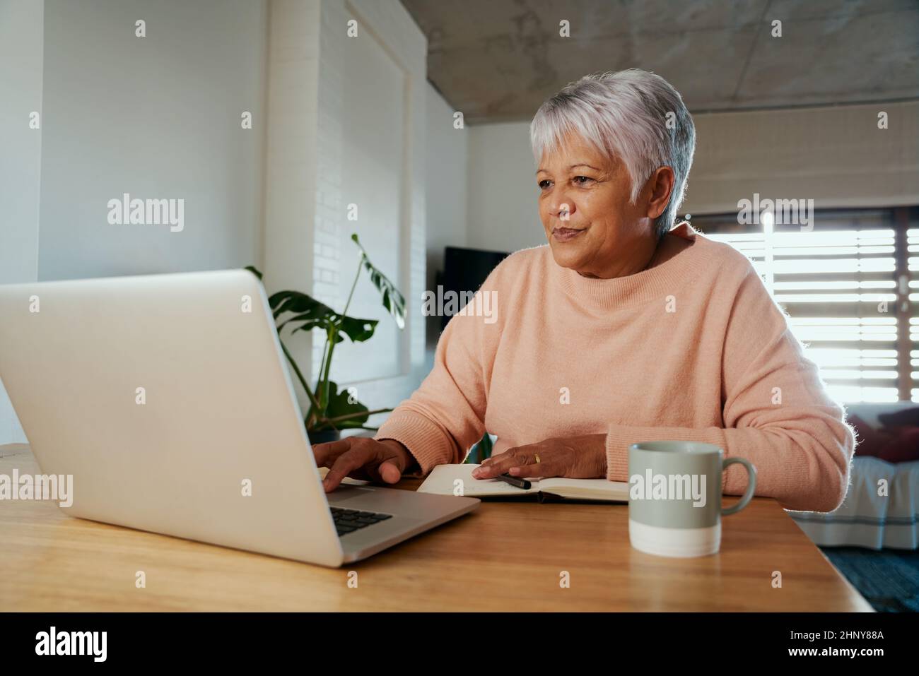 Une femme âgée, multiethnique, fait défiler son ordinateur portable tout en prenant des notes dans son ordinateur portable dans sa maison moderne. Banque D'Images
